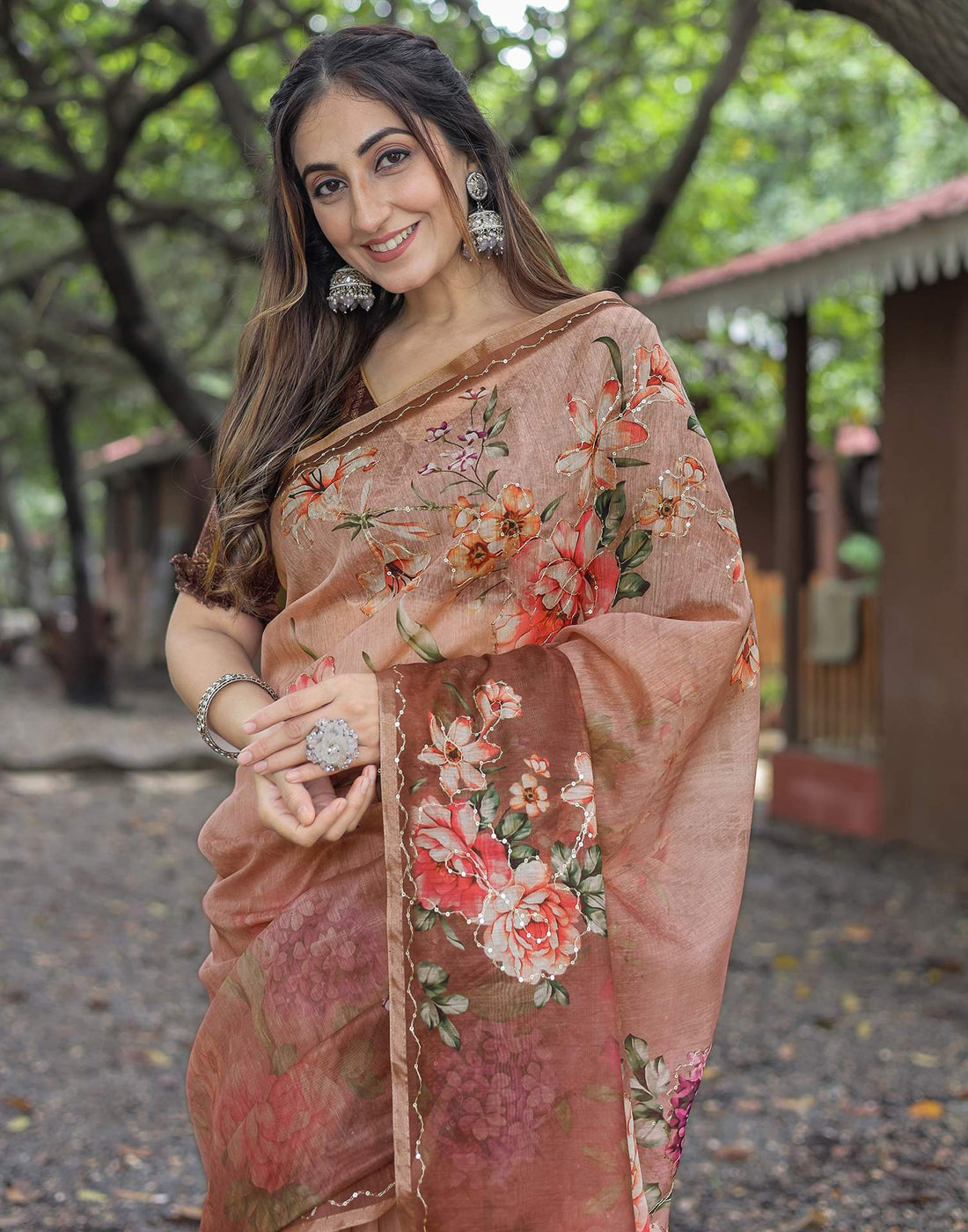 Brown Cotton Floral Printed Saree