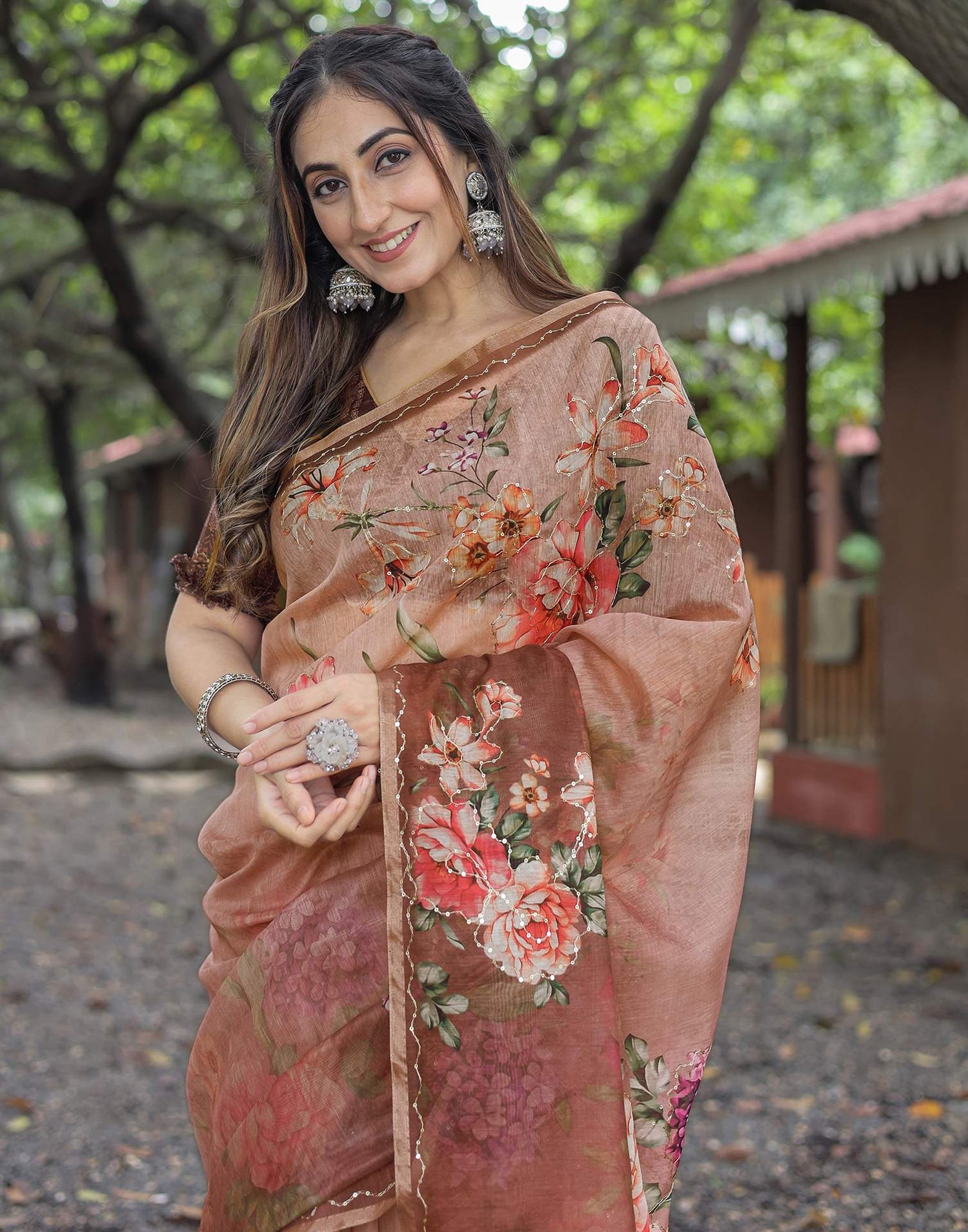 Brown Cotton Floral Printed Saree