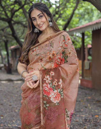 Brown Cotton Floral Printed Saree