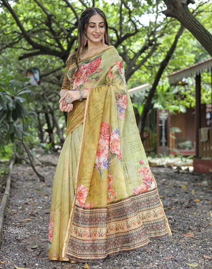 Beige  Cotton Floral Printed Saree