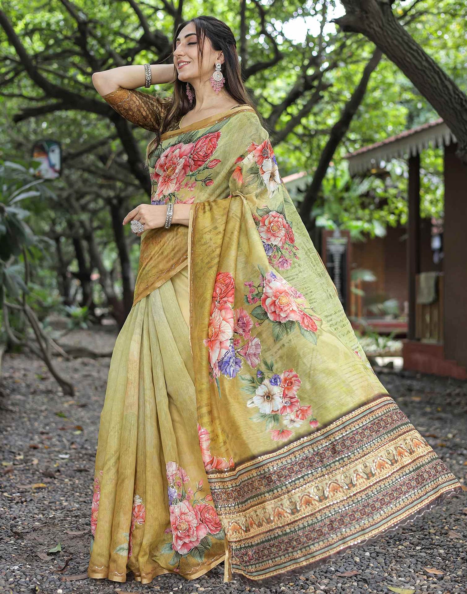 Beige  Cotton Floral Printed Saree