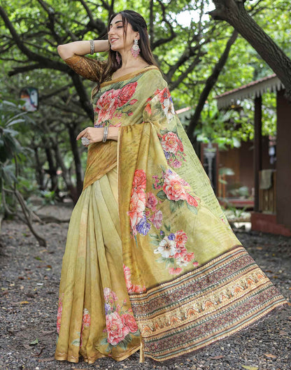 Beige  Cotton Floral Printed Saree