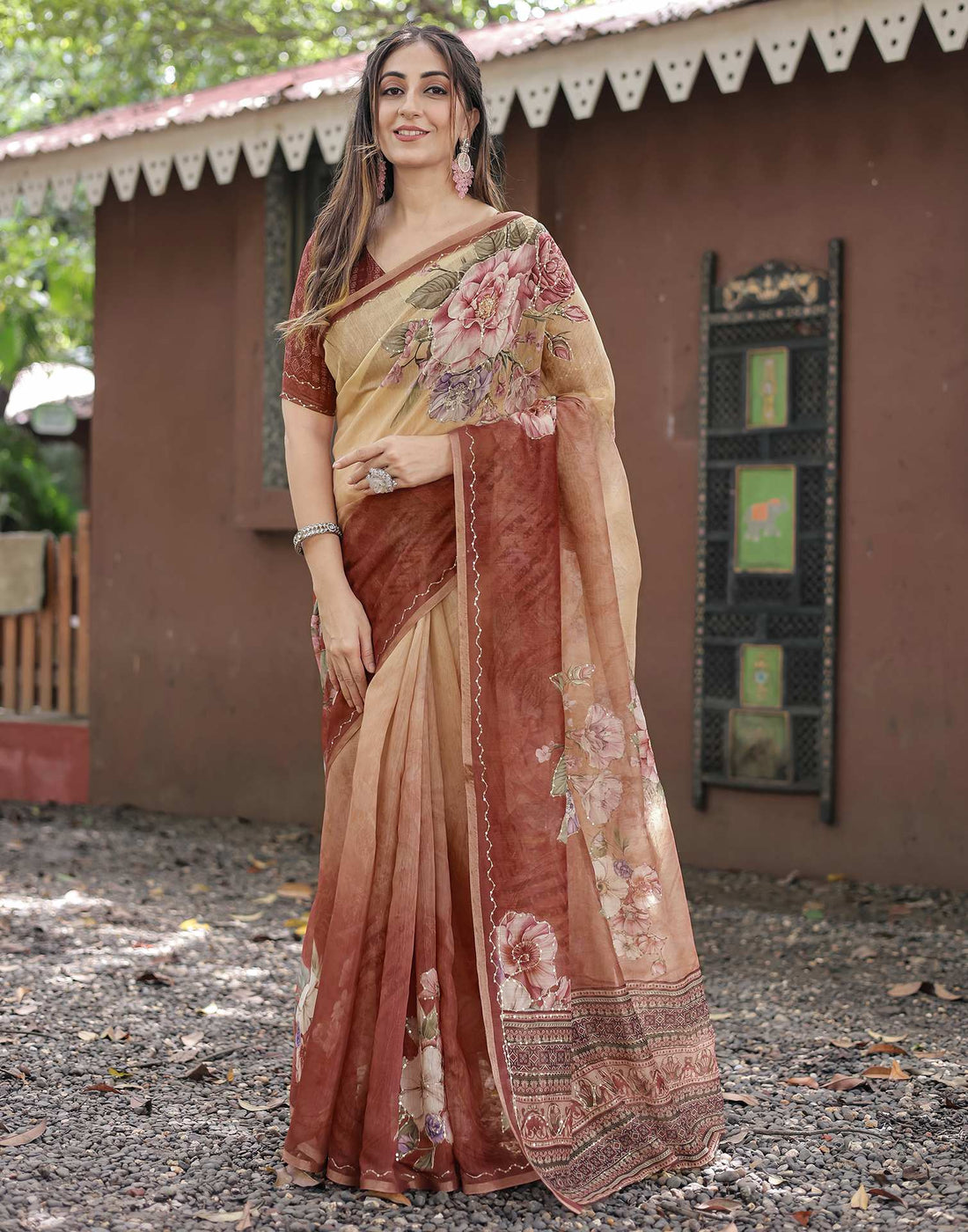 Peach Cotton Floral Printed Saree