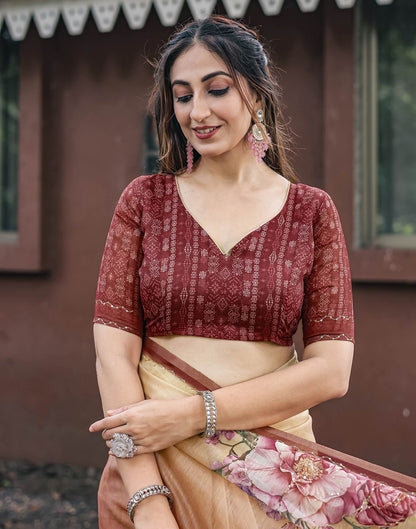 Peach Cotton Floral Printed Saree