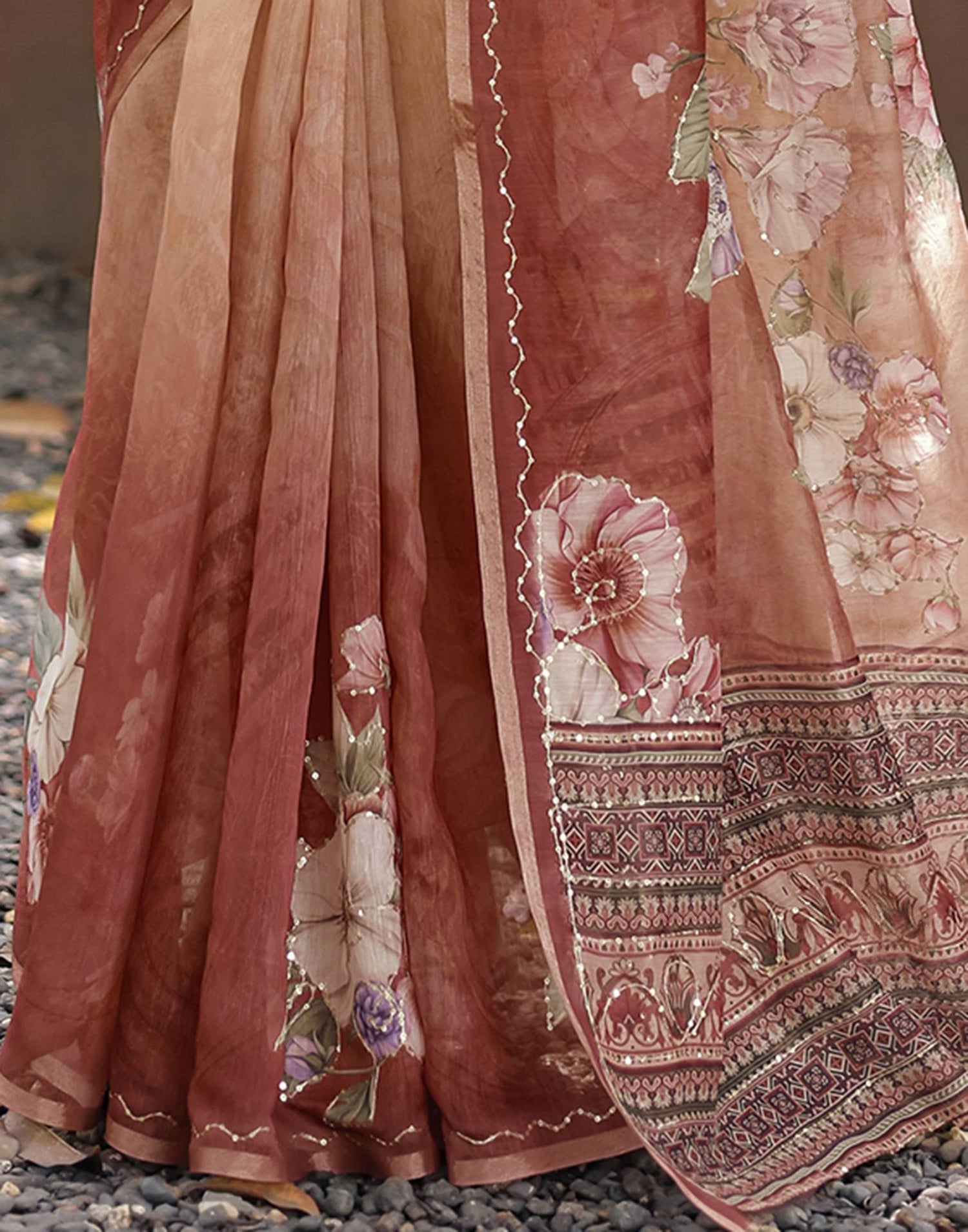 Peach Cotton Floral Printed Saree