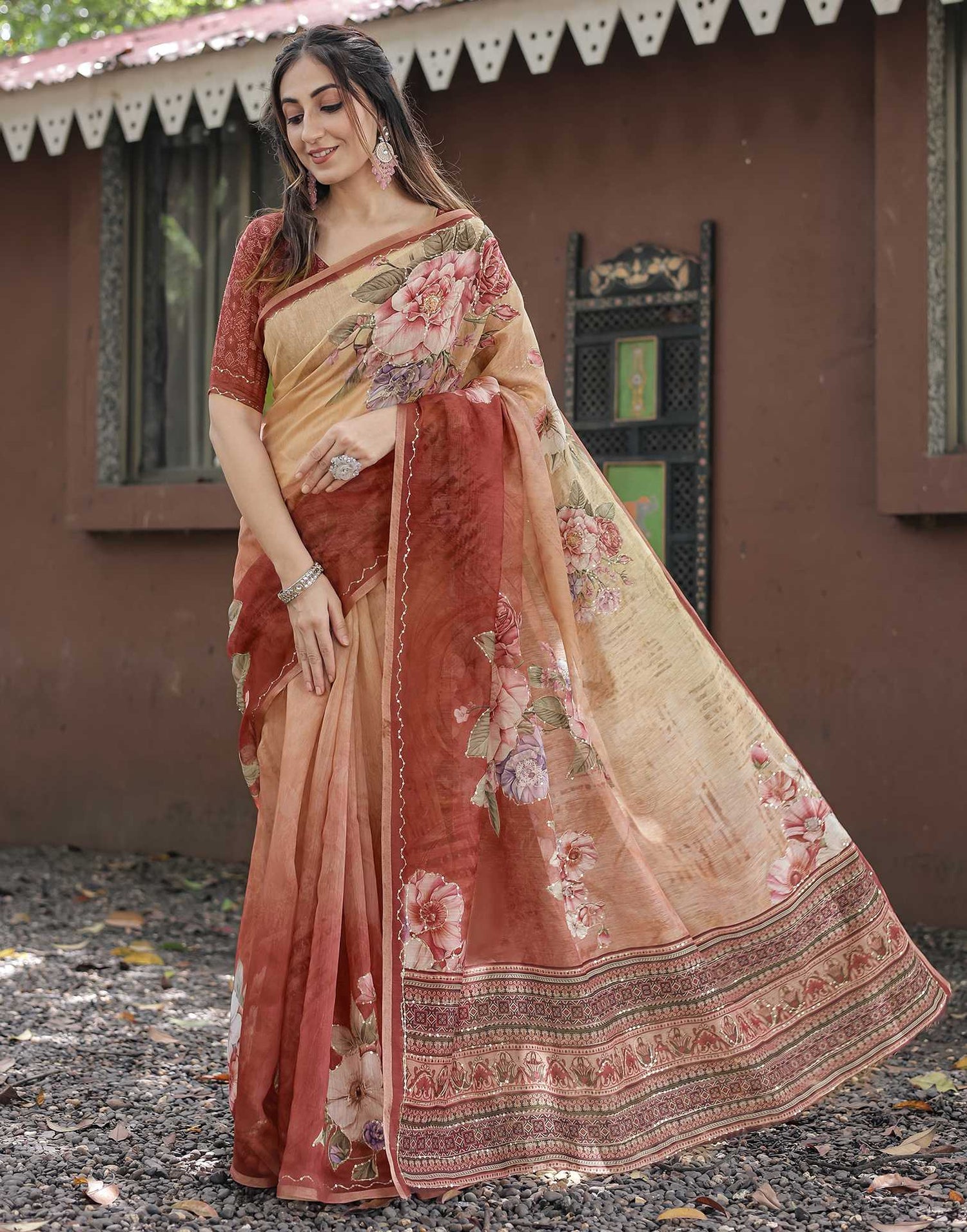 Peach Cotton Floral Printed Saree