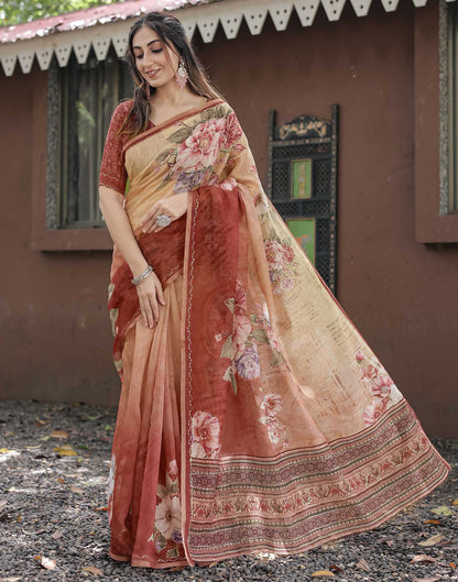 Peach Cotton Floral Printed Saree
