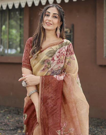 Peach Cotton Floral Printed Saree