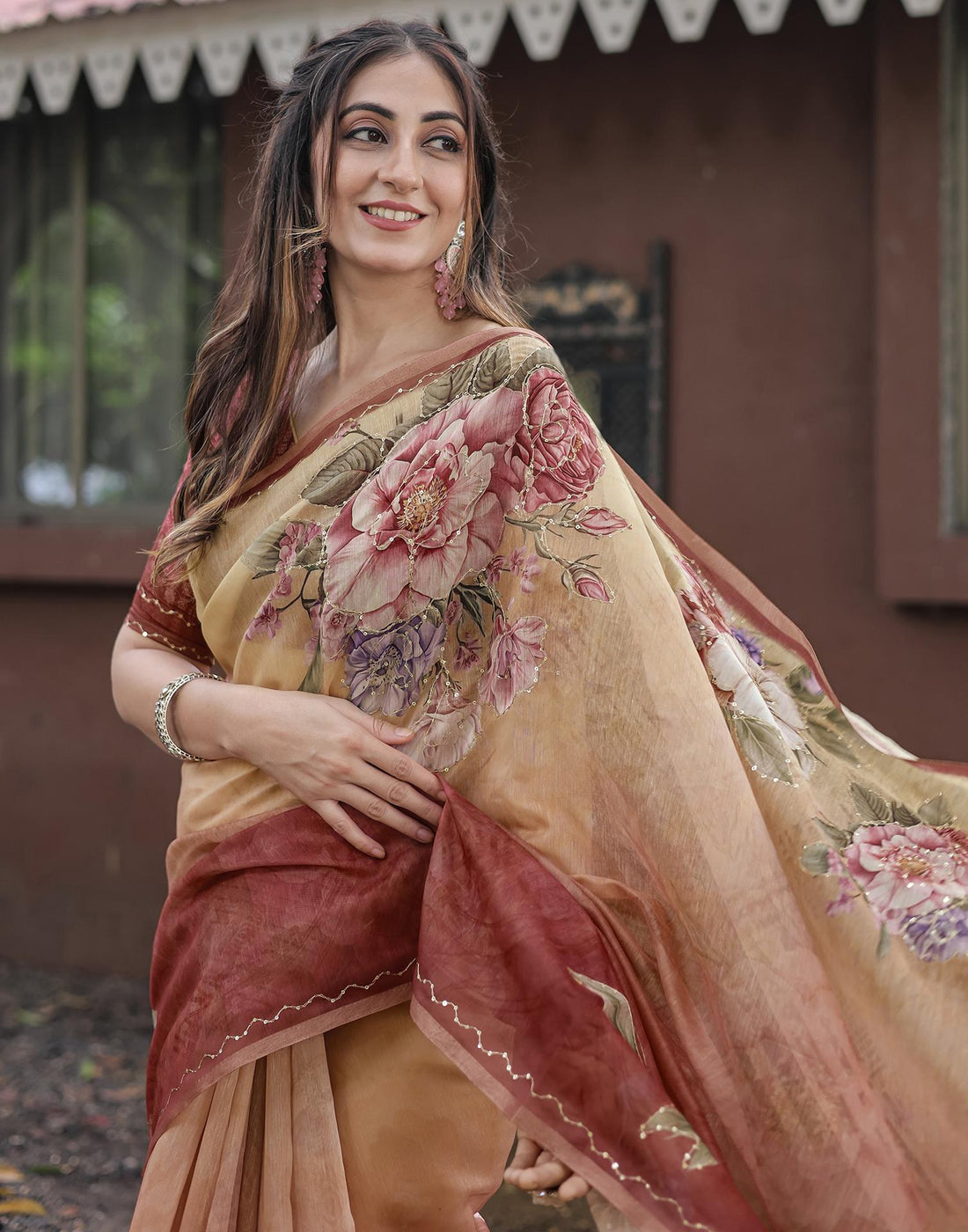 Peach Cotton Floral Printed Saree