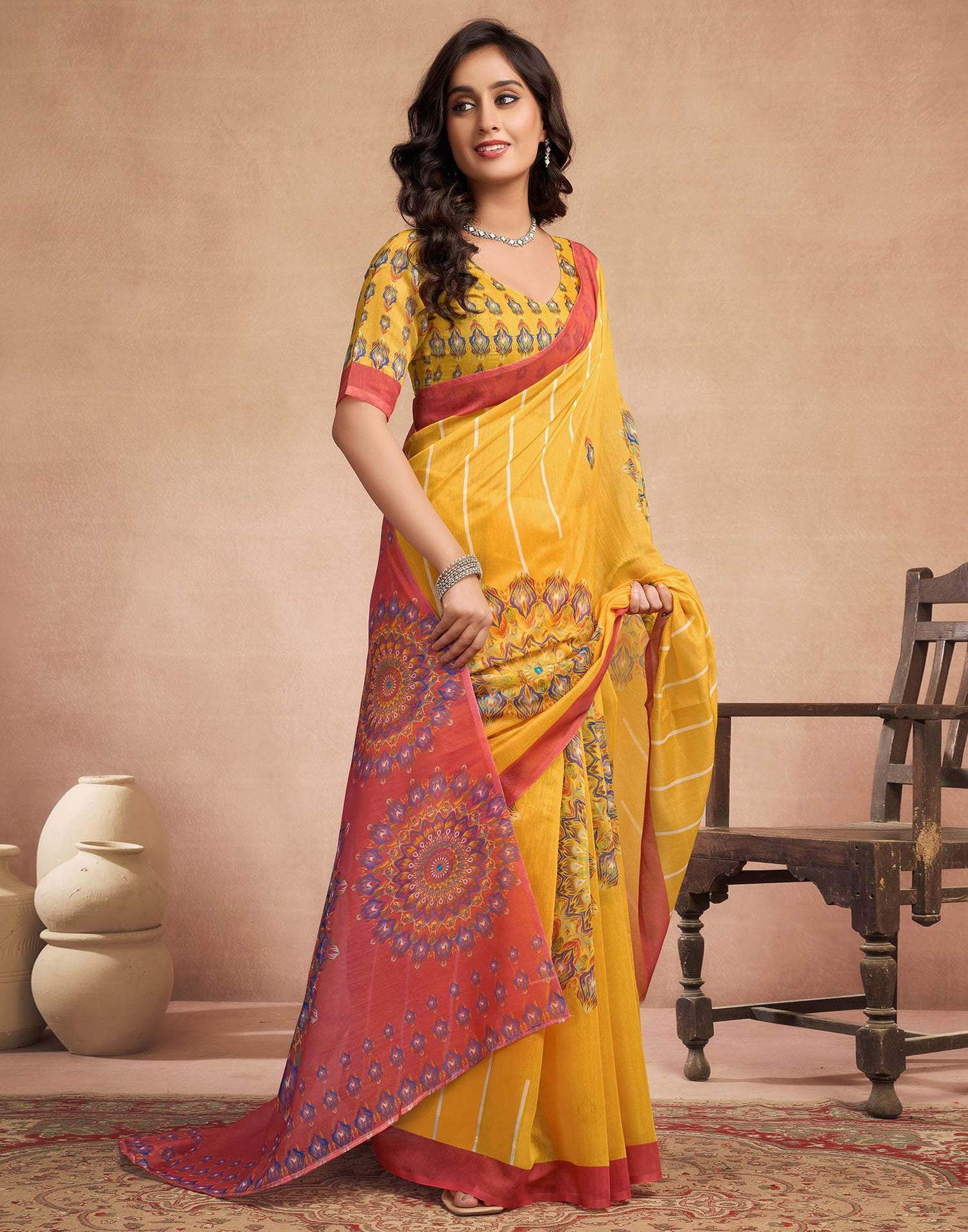 Yellow Chanderi Cotton Printed Saree