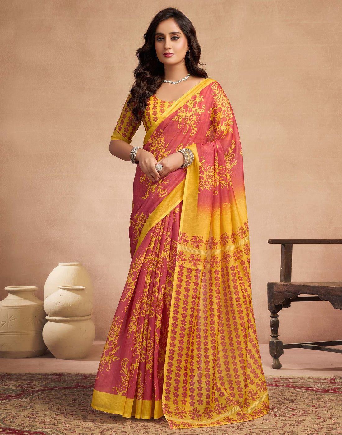 Dusty Orange Chanderi Cotton Floral Printed Saree