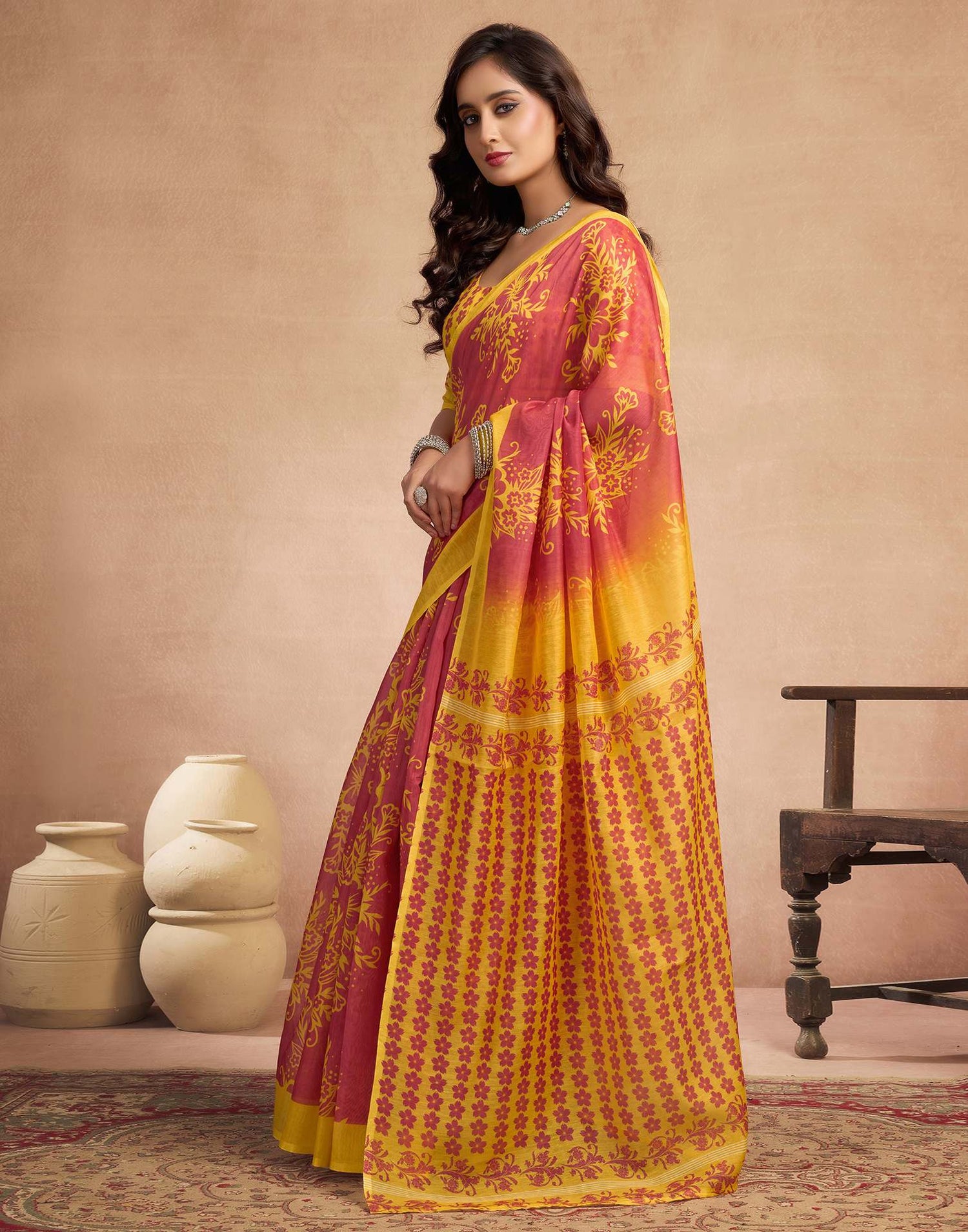 Dusty Orange Chanderi Cotton Floral Printed Saree