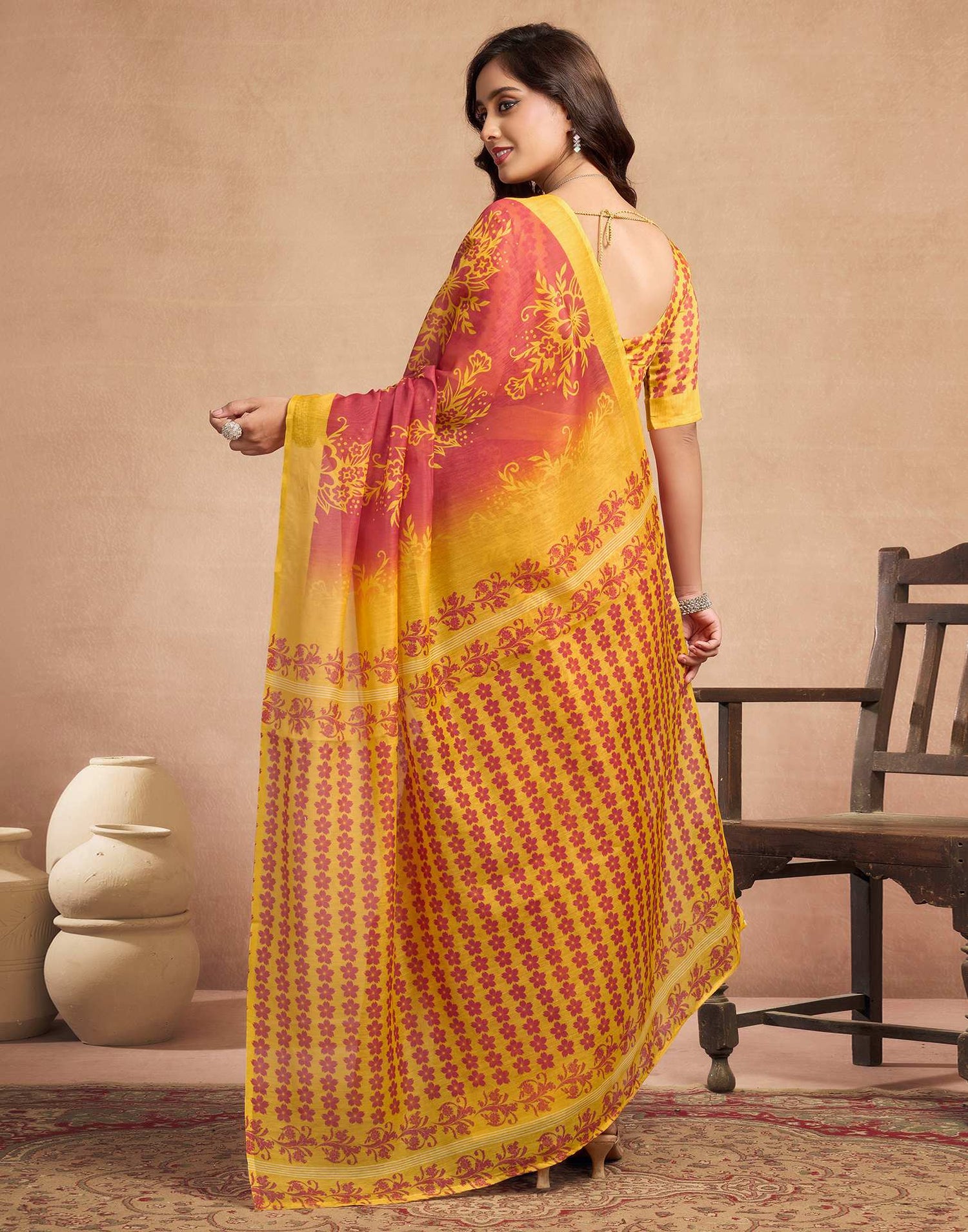 Dusty Orange Chanderi Cotton Floral Printed Saree