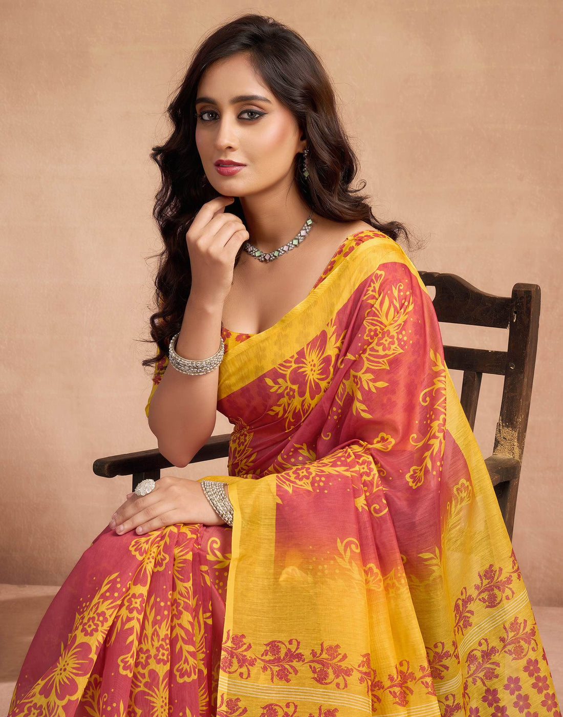 Dusty Orange Chanderi Cotton Floral Printed Saree