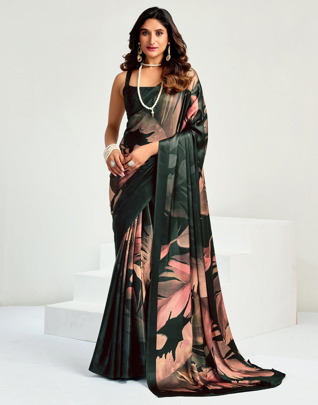 Black Satin Floral Printed Saree