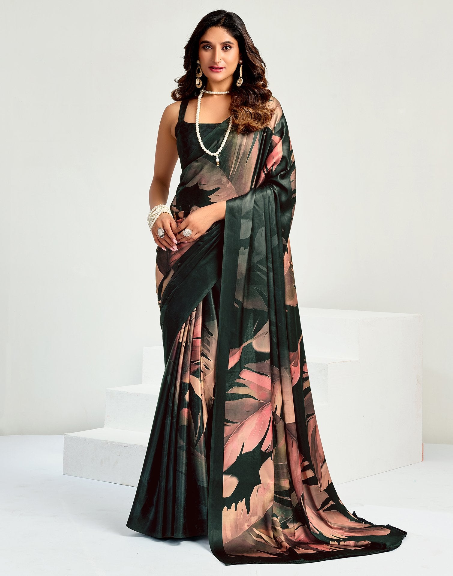 Black Satin Floral Printed Saree