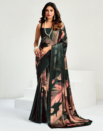 Black Satin Floral Printed Saree