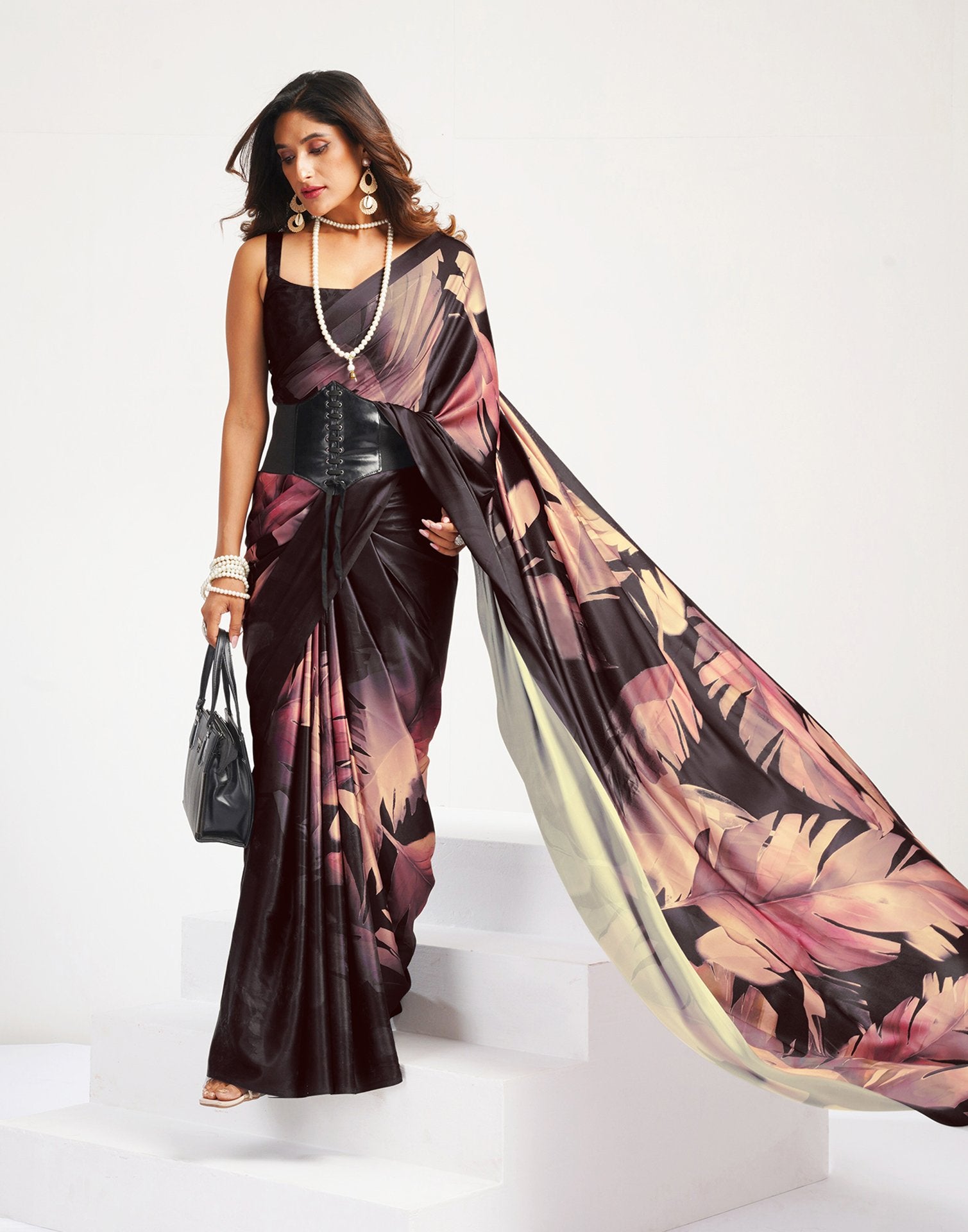 Black Satin Floral Printed Saree