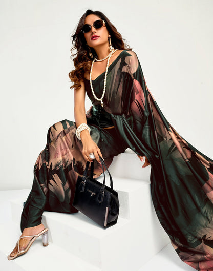 Black Satin Floral Printed Saree