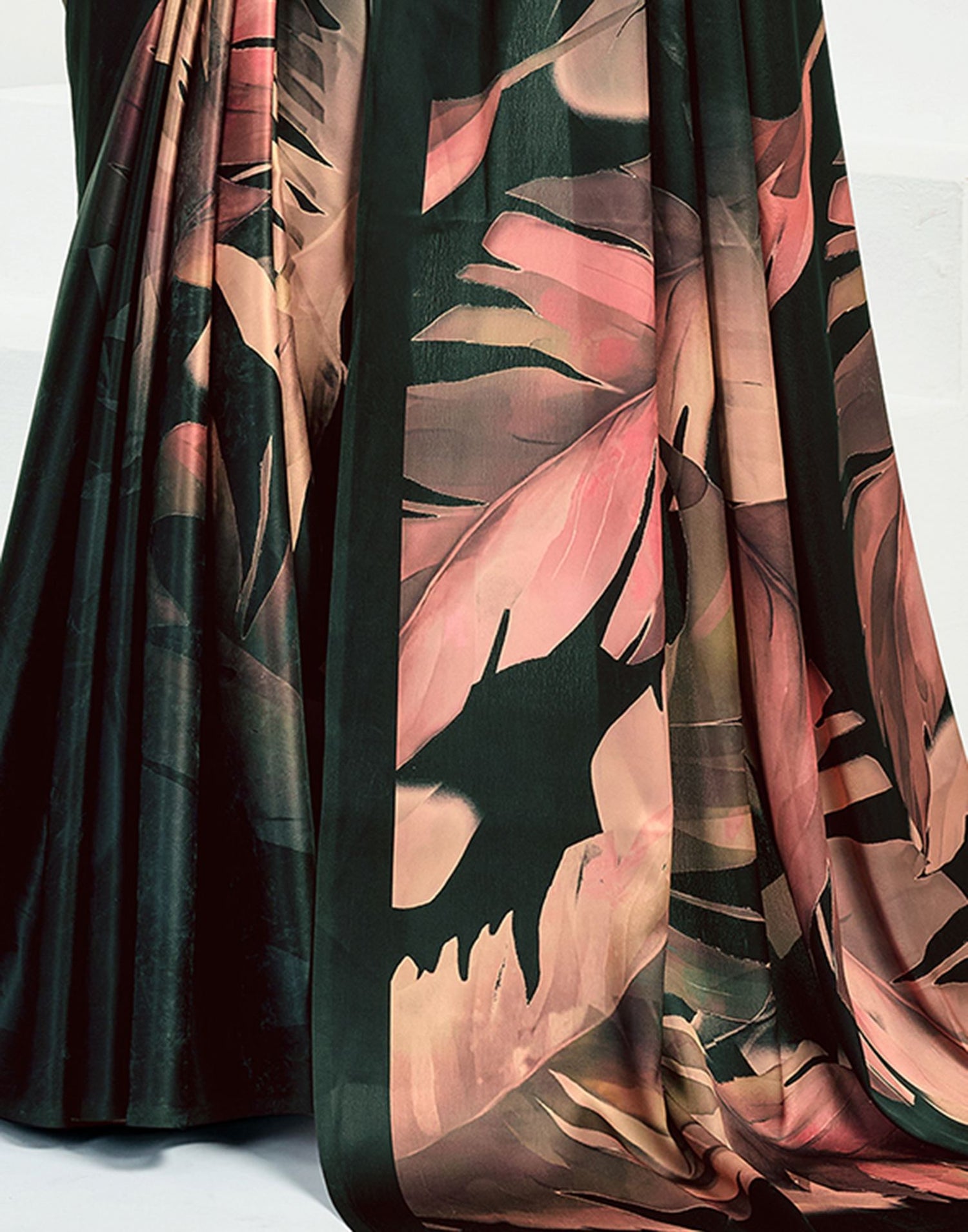 Black Satin Floral Printed Saree