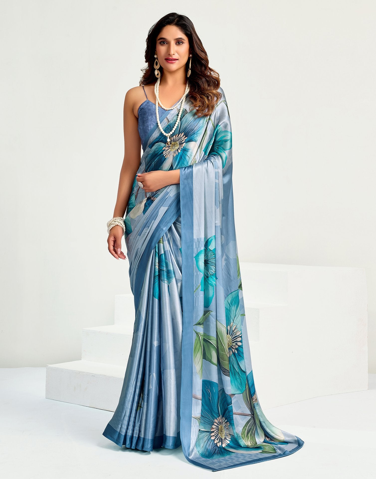 Dusty Light Blue Satin Floral Printed Saree