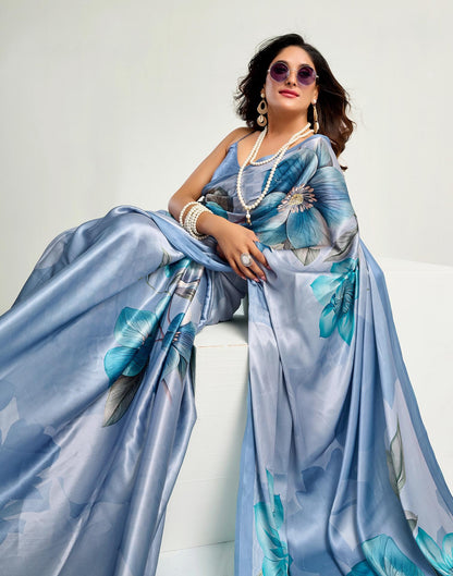 Dusty Light Blue Satin Floral Printed Saree