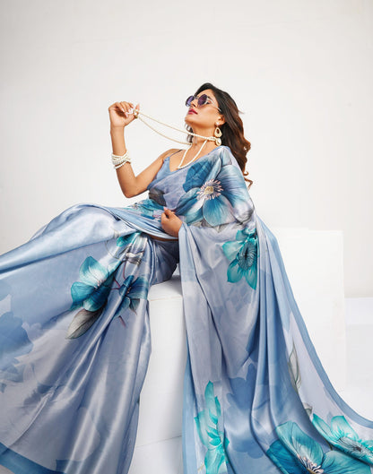 Dusty Light Blue Satin Floral Printed Saree