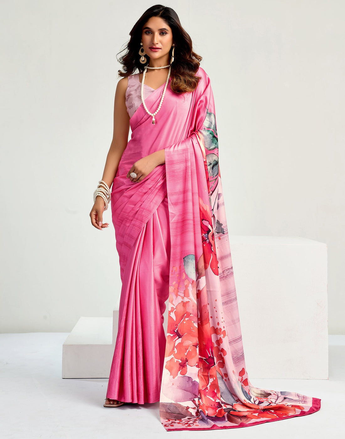 Pink Satin Floral Printed Saree