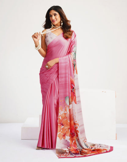 Pink Satin Floral Printed Saree