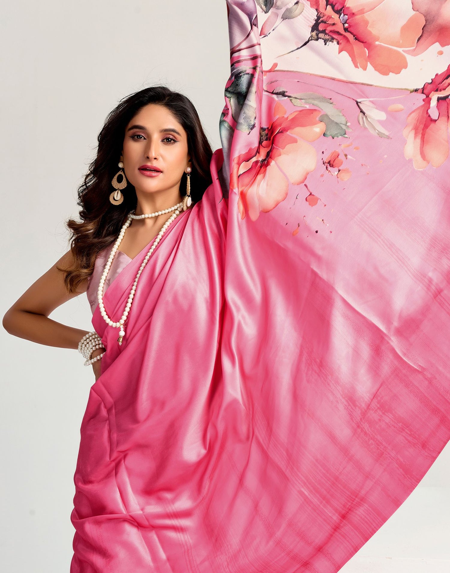 Pink Satin Floral Printed Saree