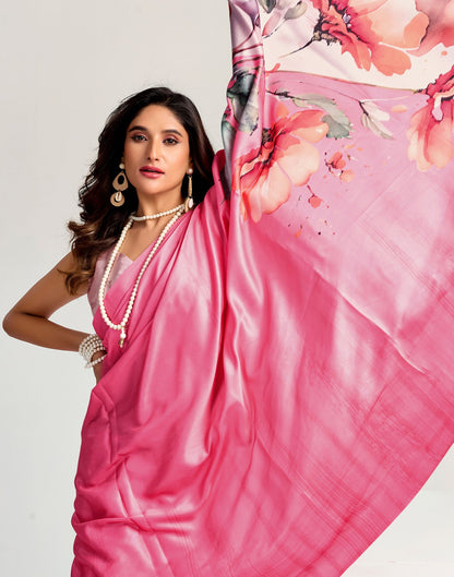 Pink Satin Floral Printed Saree