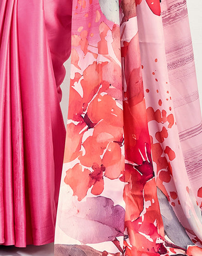 Pink Satin Floral Printed Saree