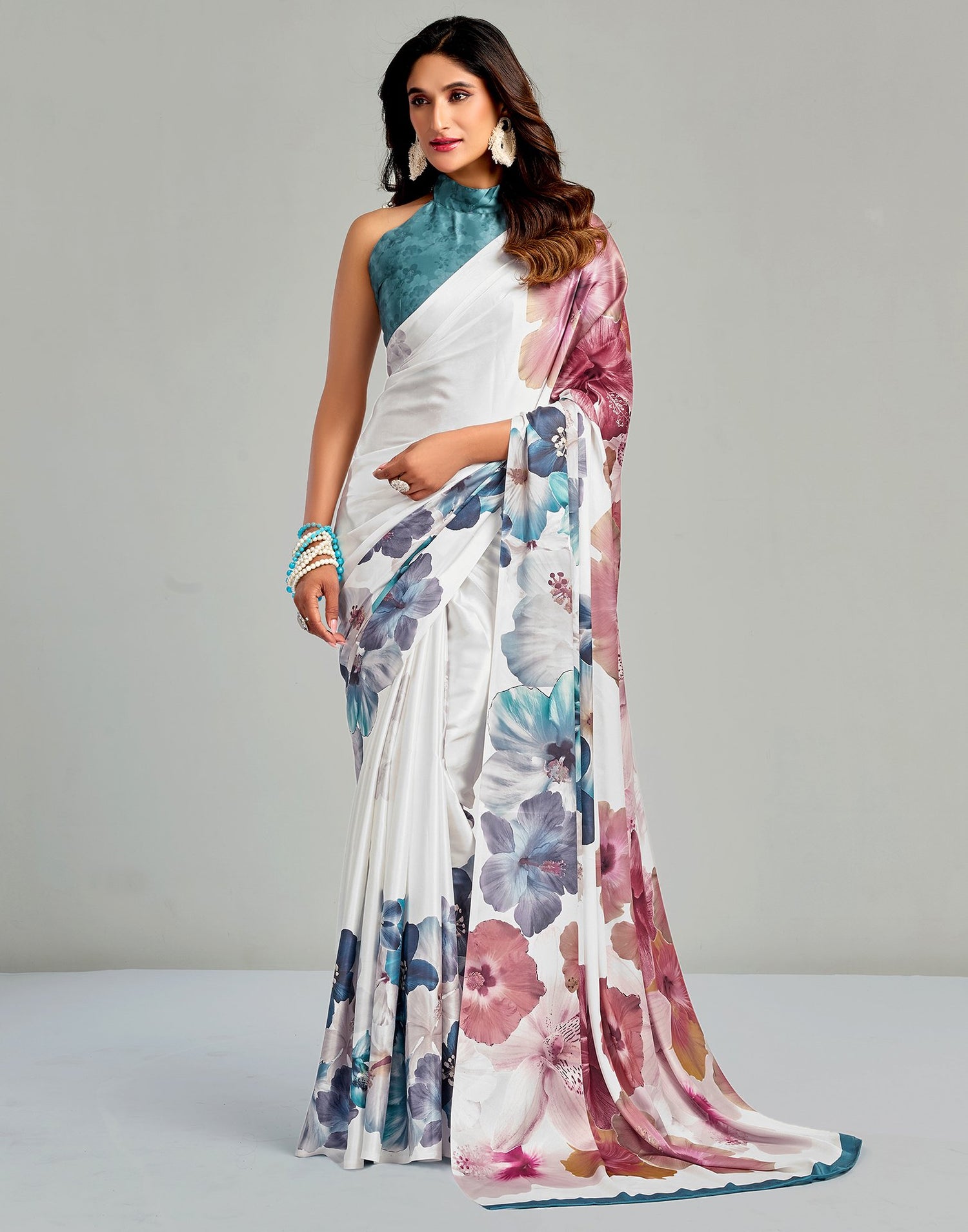 White Satin Floral Printed Saree