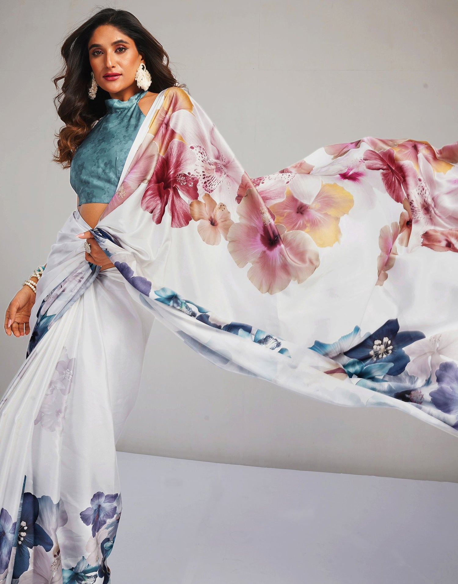 White Satin Floral Printed Saree