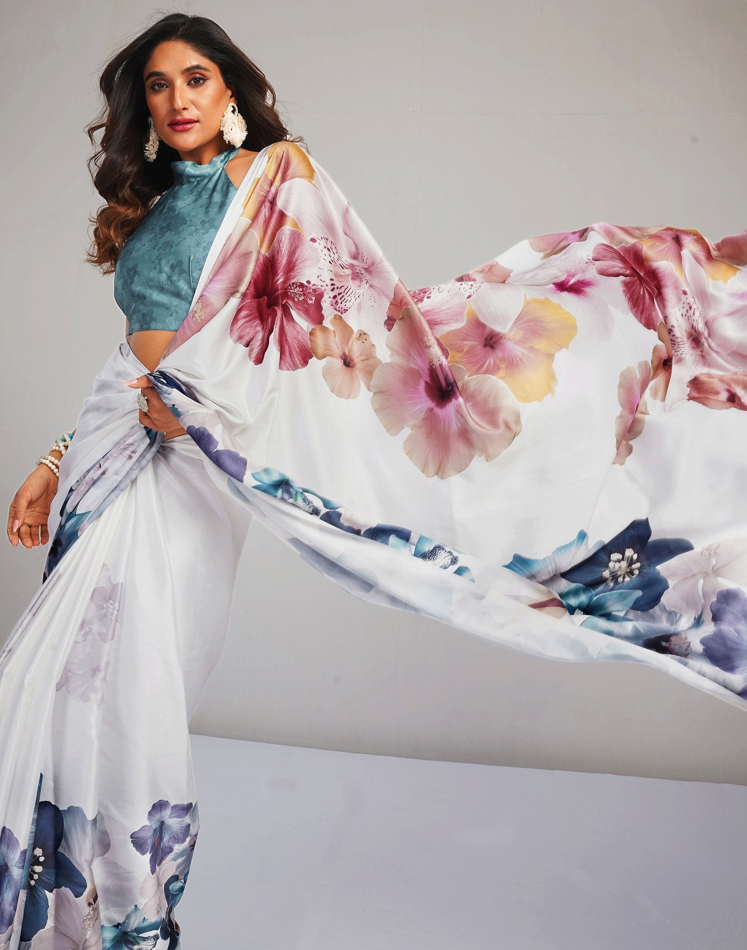 White Satin Floral Printed Saree