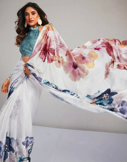 White Satin Floral Printed Saree