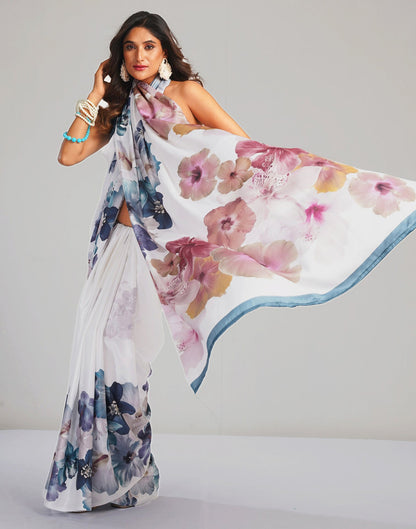 White Satin Floral Printed Saree