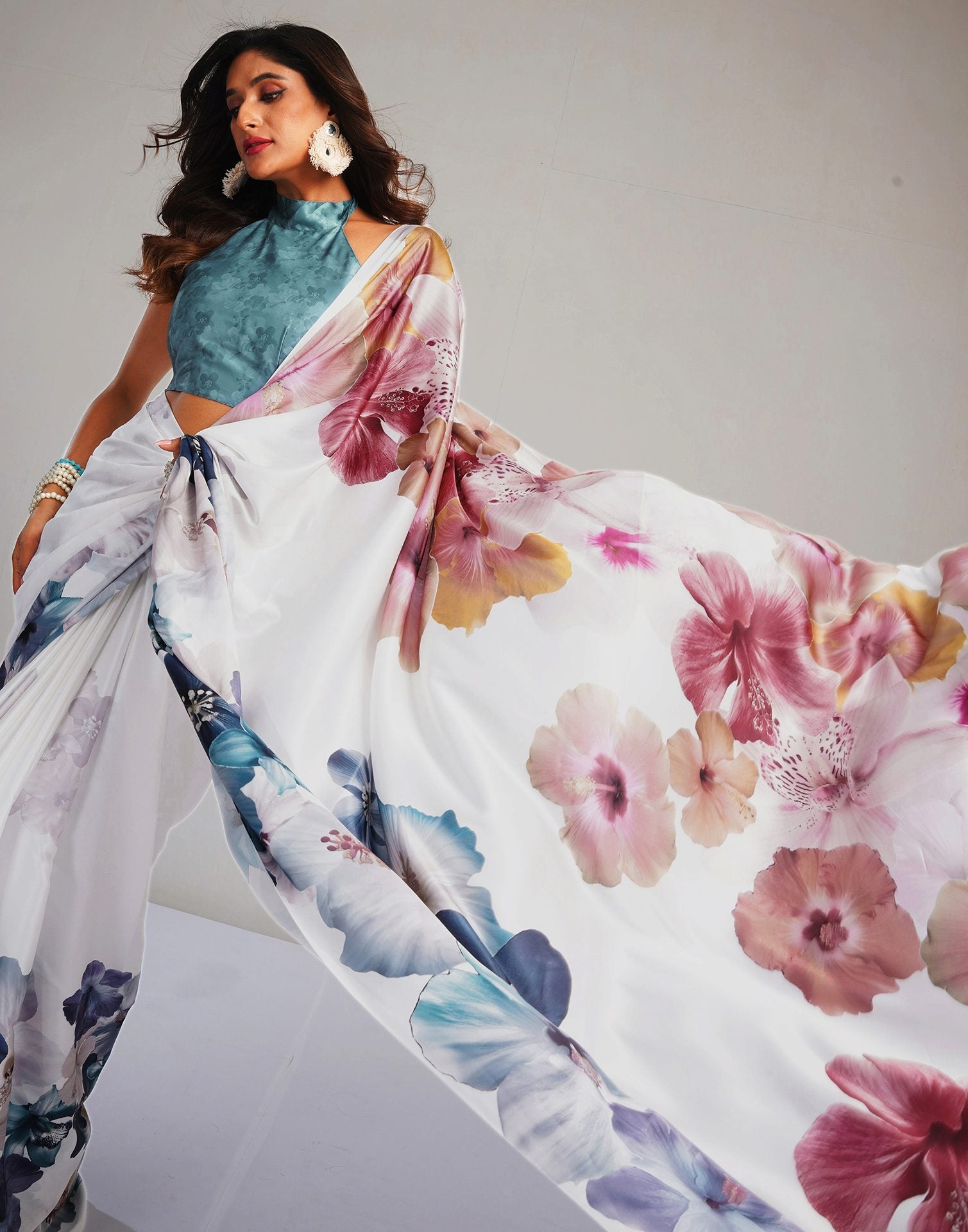 White Satin Floral Printed Saree