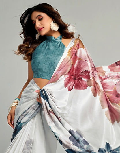 White Satin Floral Printed Saree