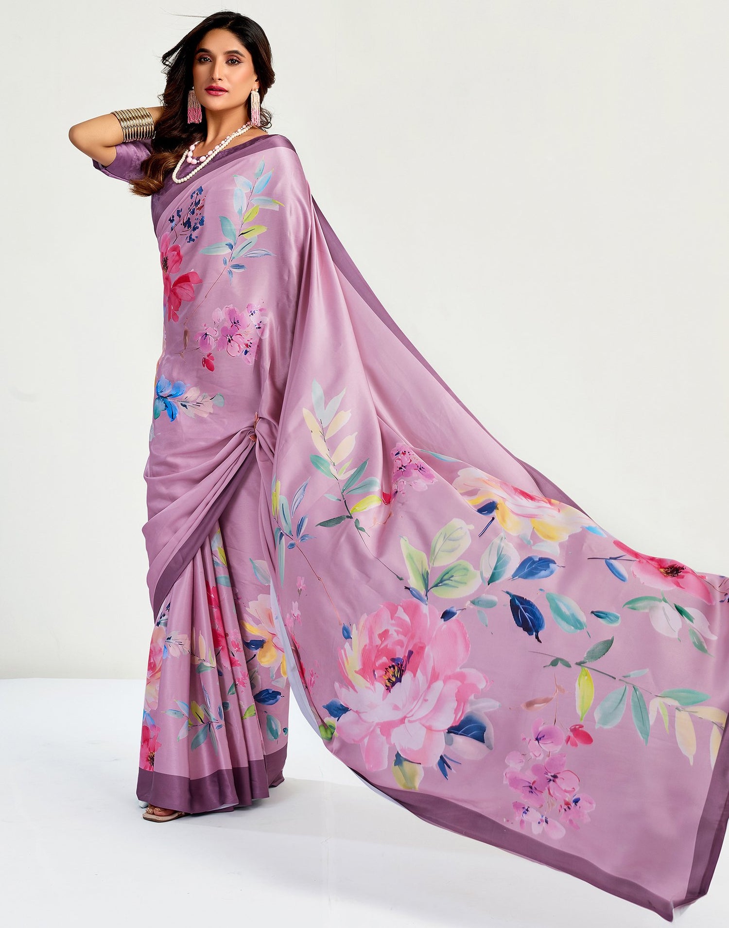 Light Pink Satin Floral Printed Saree