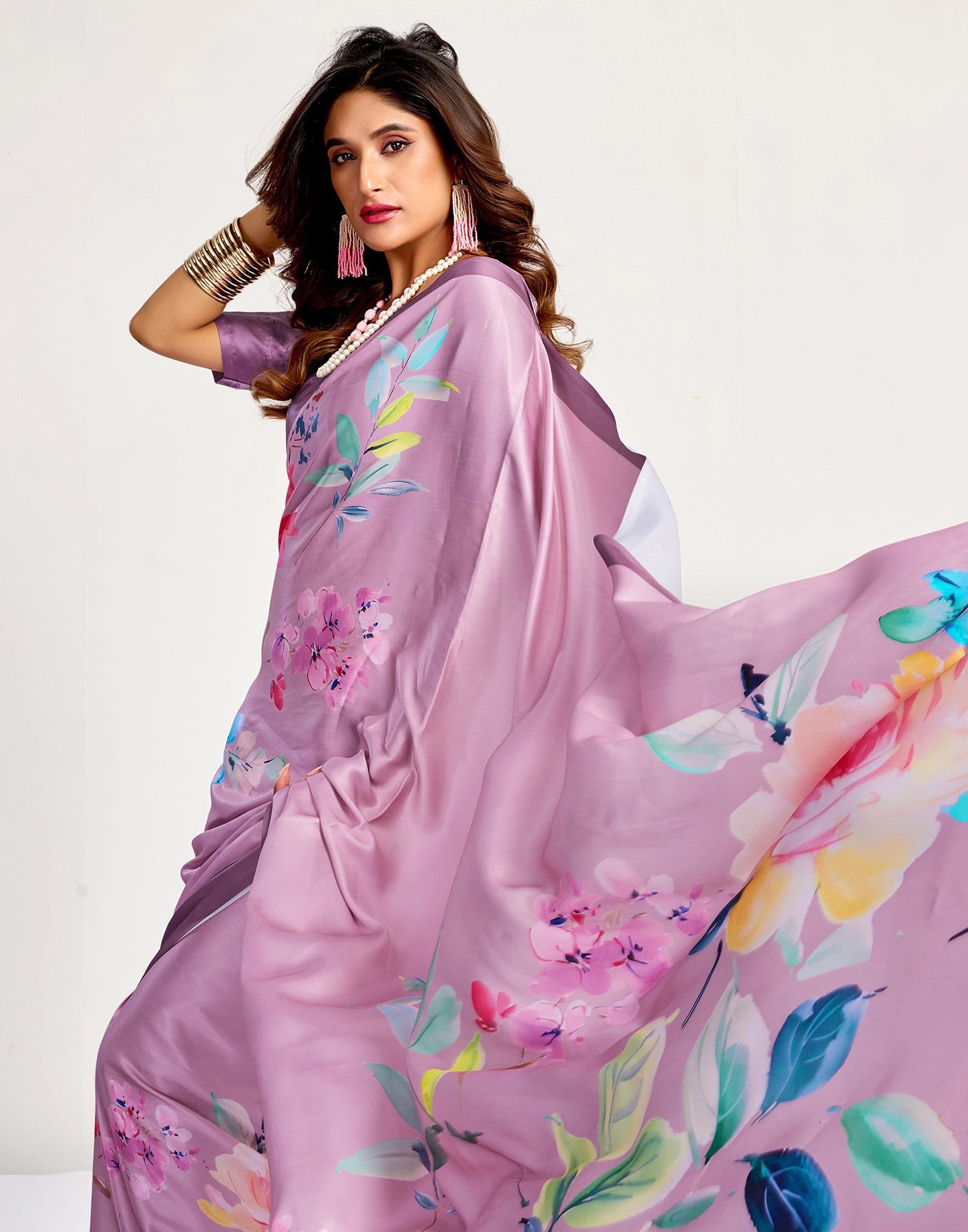 Light Pink Satin Floral Printed Saree