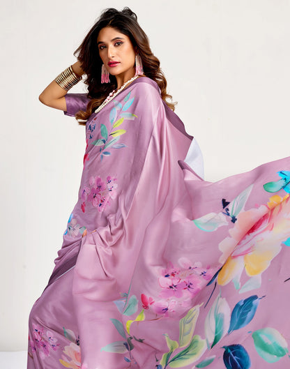Light Pink Satin Floral Printed Saree