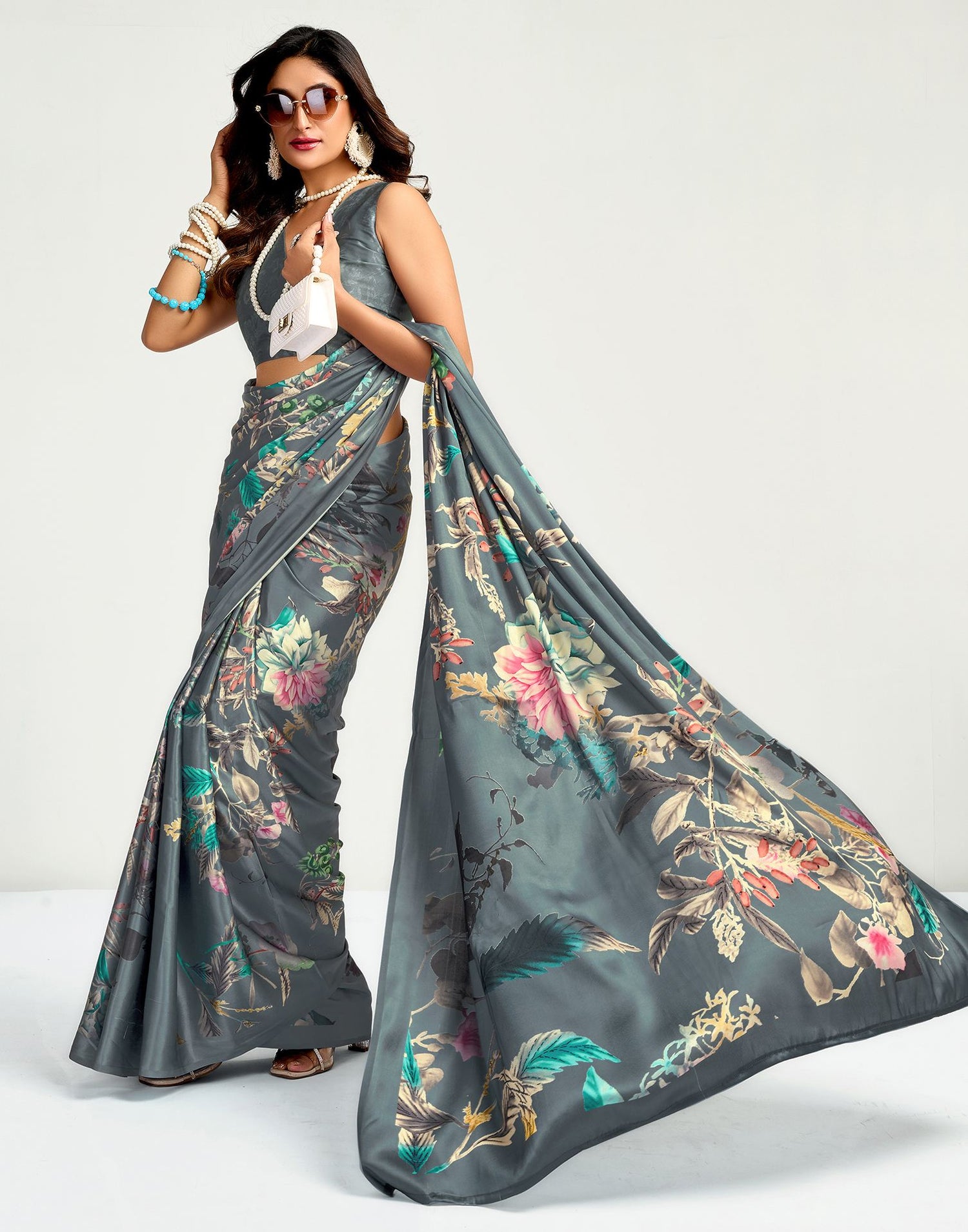 Grey Satin Floral Printed Saree