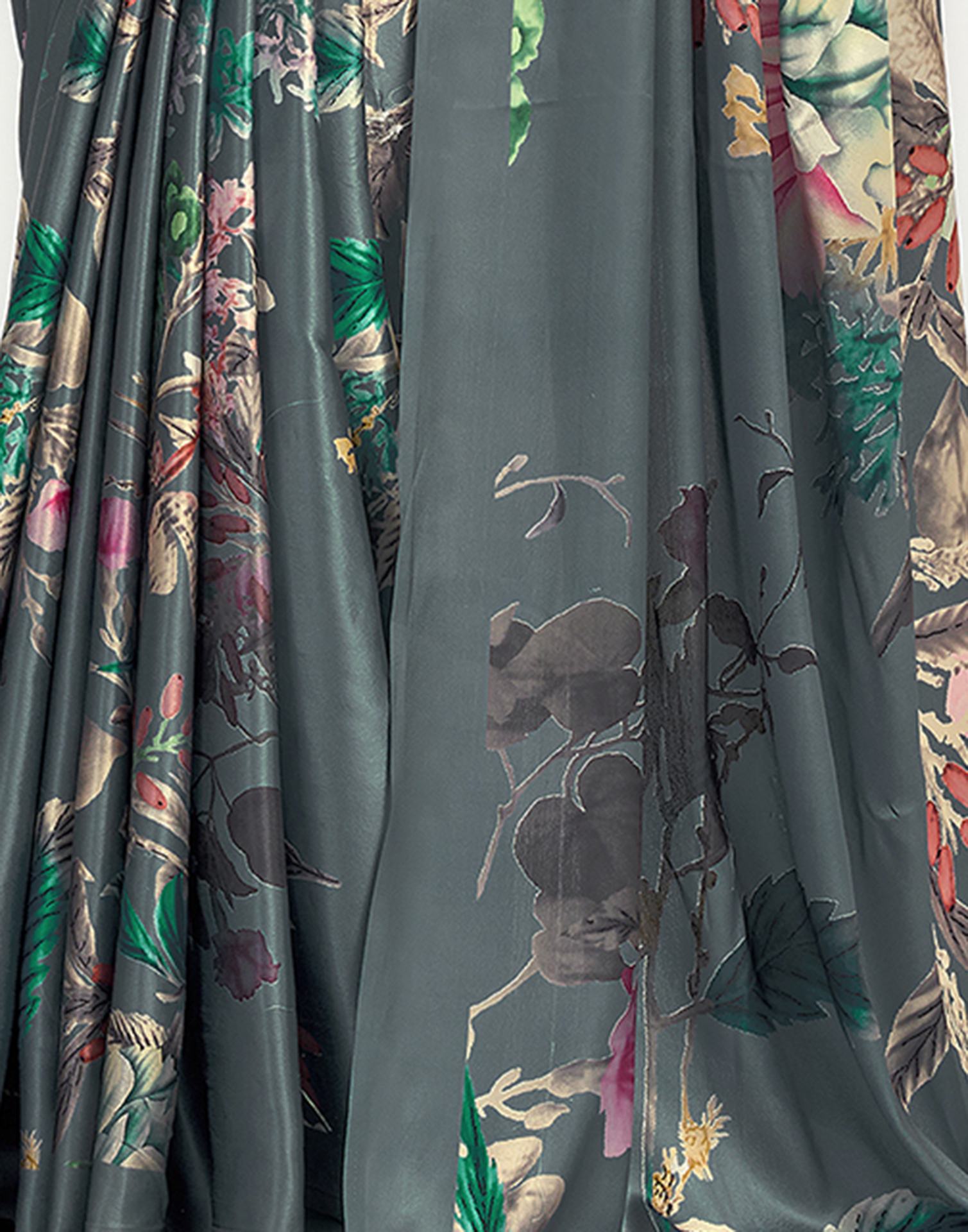 Grey Satin Floral Printed Saree