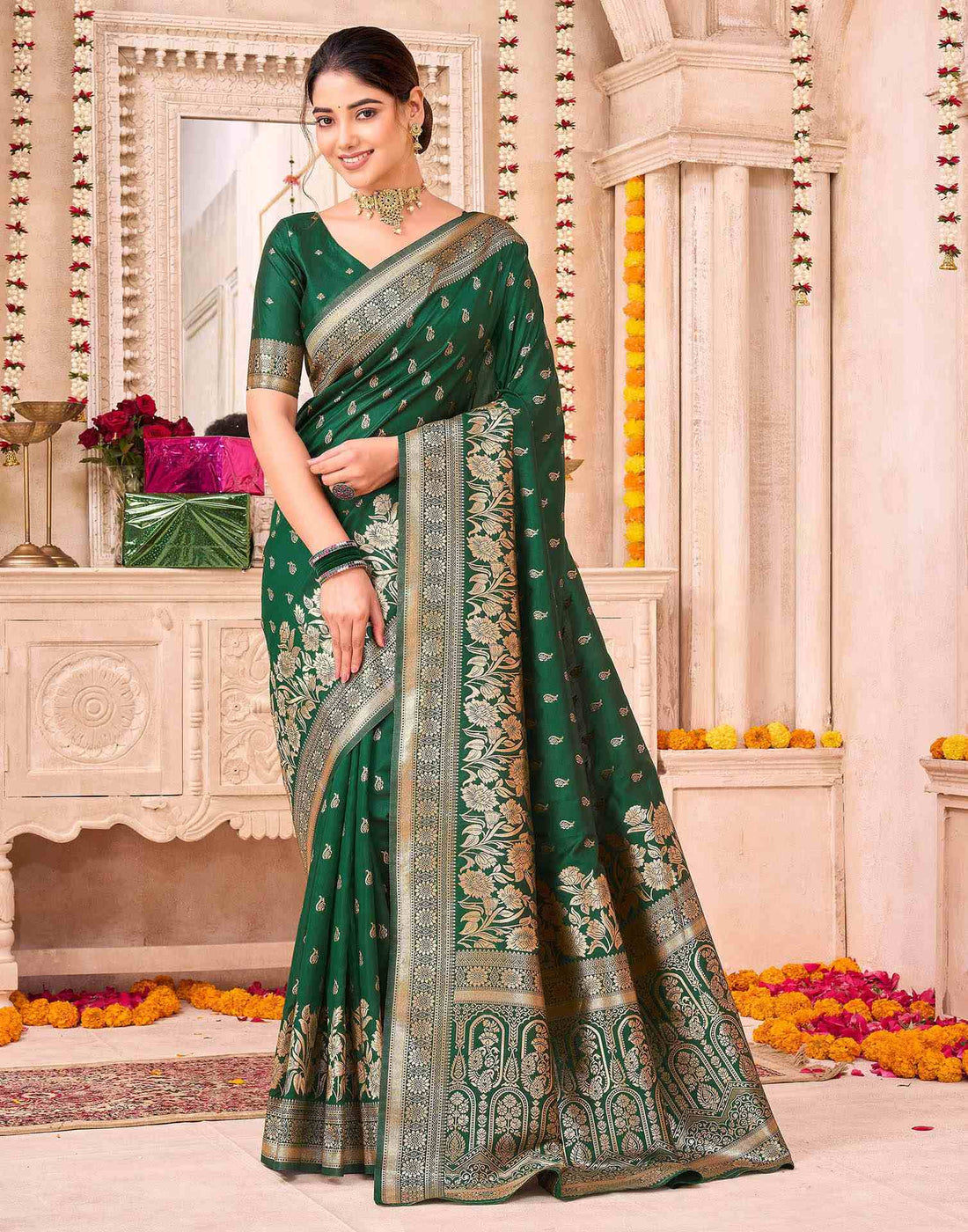 Dark Green Silk Woven Saree