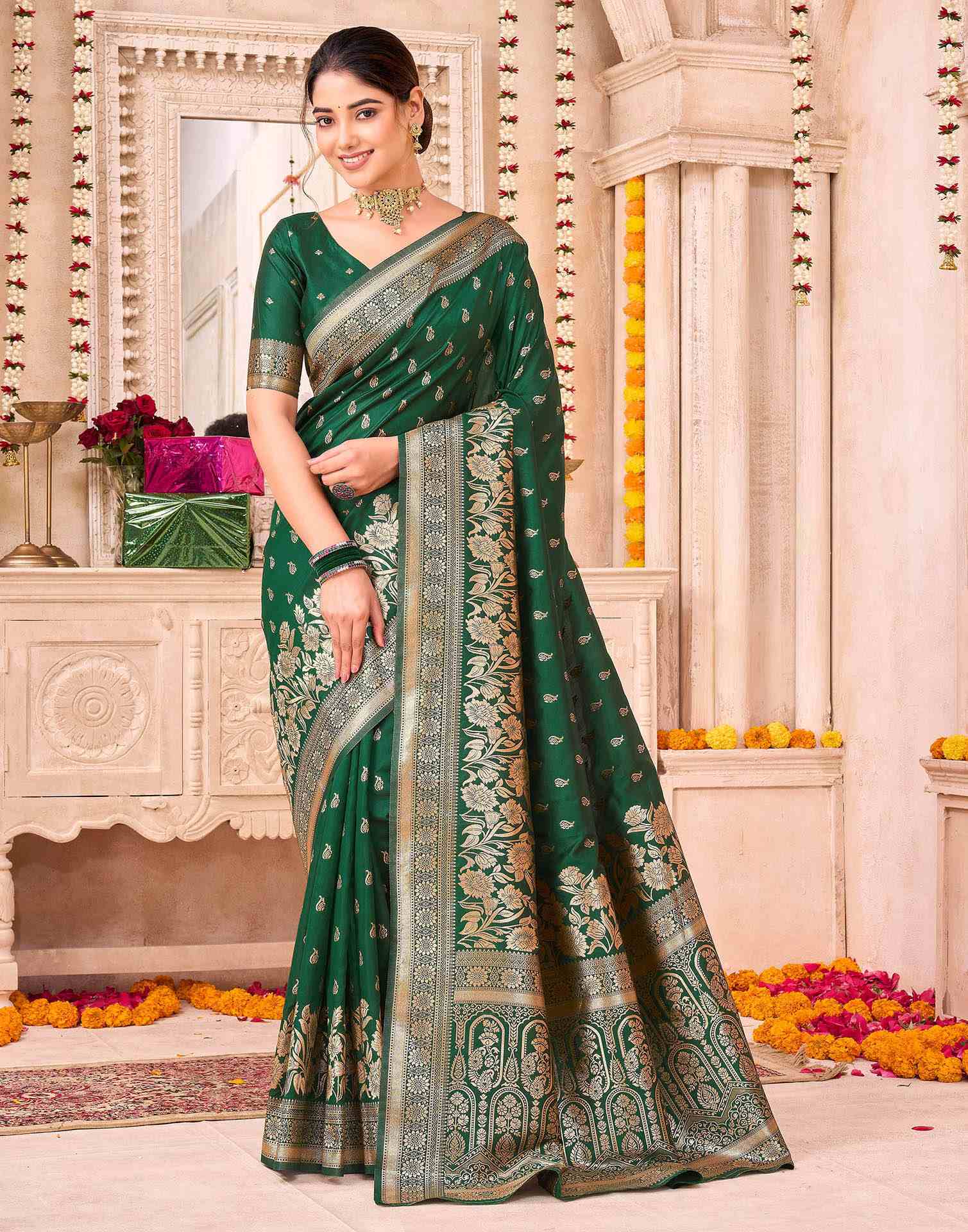 Dark Green Silk Woven Saree