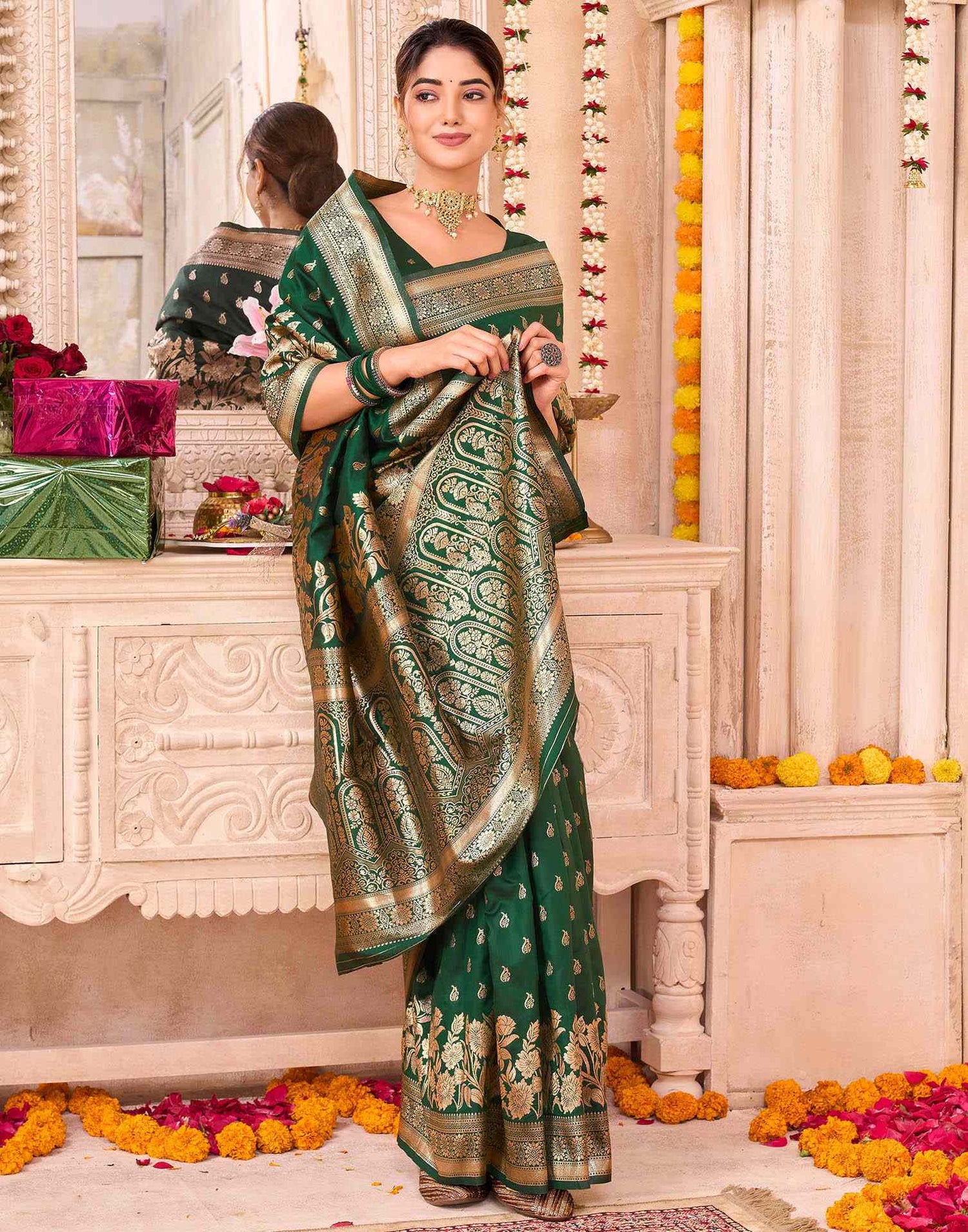 Dark Green Silk Woven Saree