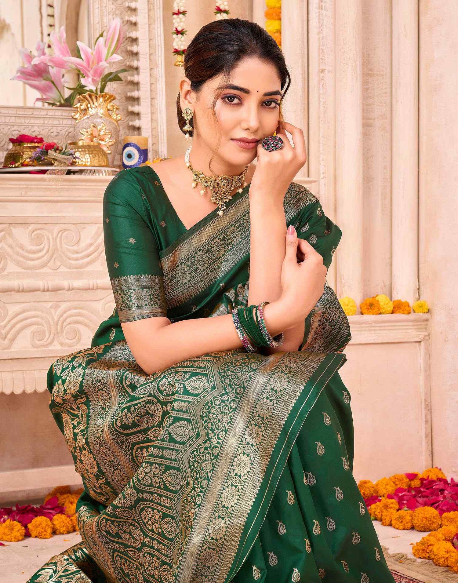 Dark Green Silk Woven Saree