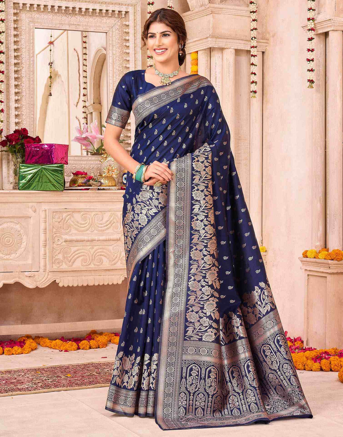 Navy Blue Silk Woven Saree