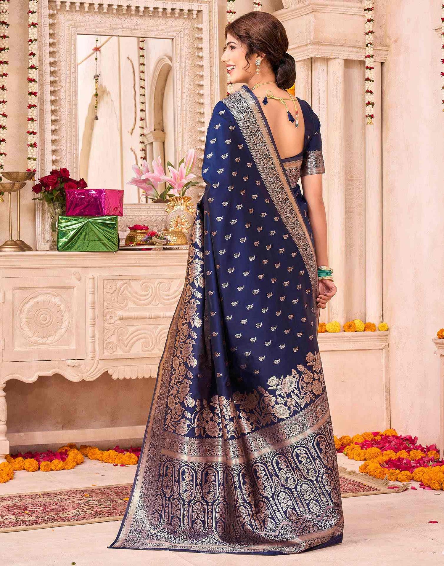 Navy Blue Silk Woven Saree